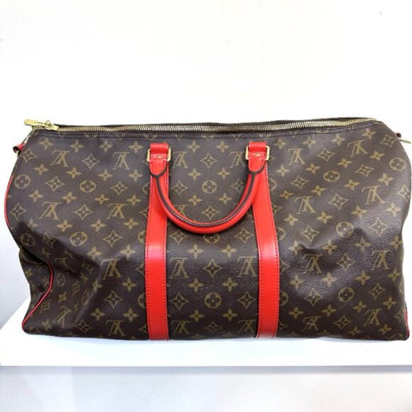 Genuine Louis Vuitton Carry On Bag Red Monogram Canvas Keepall Bandouliere 50 - Picture 2 of 9